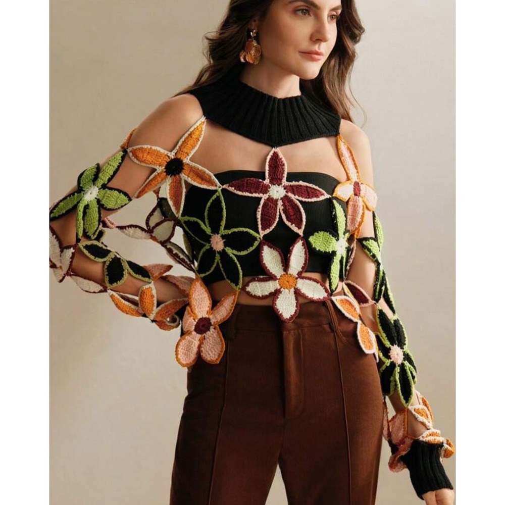 Boho Crochet Flower Stand Collar Hollow Out Long Sleeve Sweater Size Small